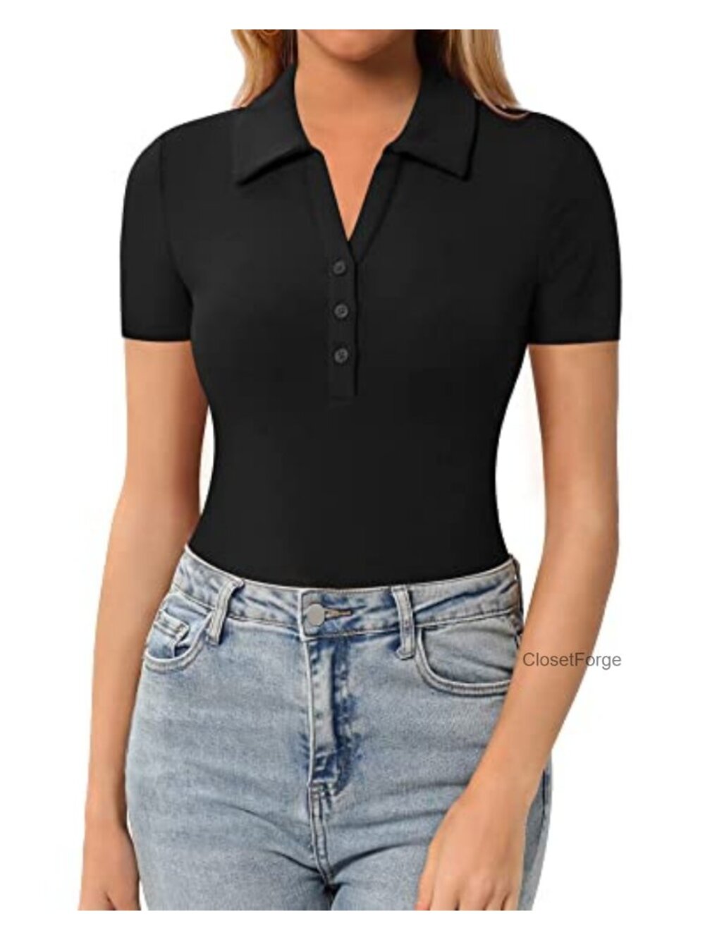 Womens Short Sleeve V Neck Button Down Collared Fitted Polo Shirts